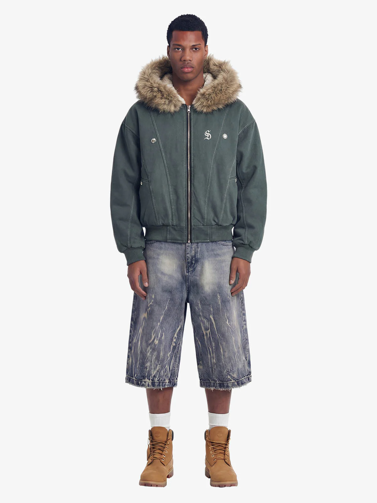 Faux Fur Lined Zip Up Winter Hooded Bomber Jacket - 2560 - Image 5